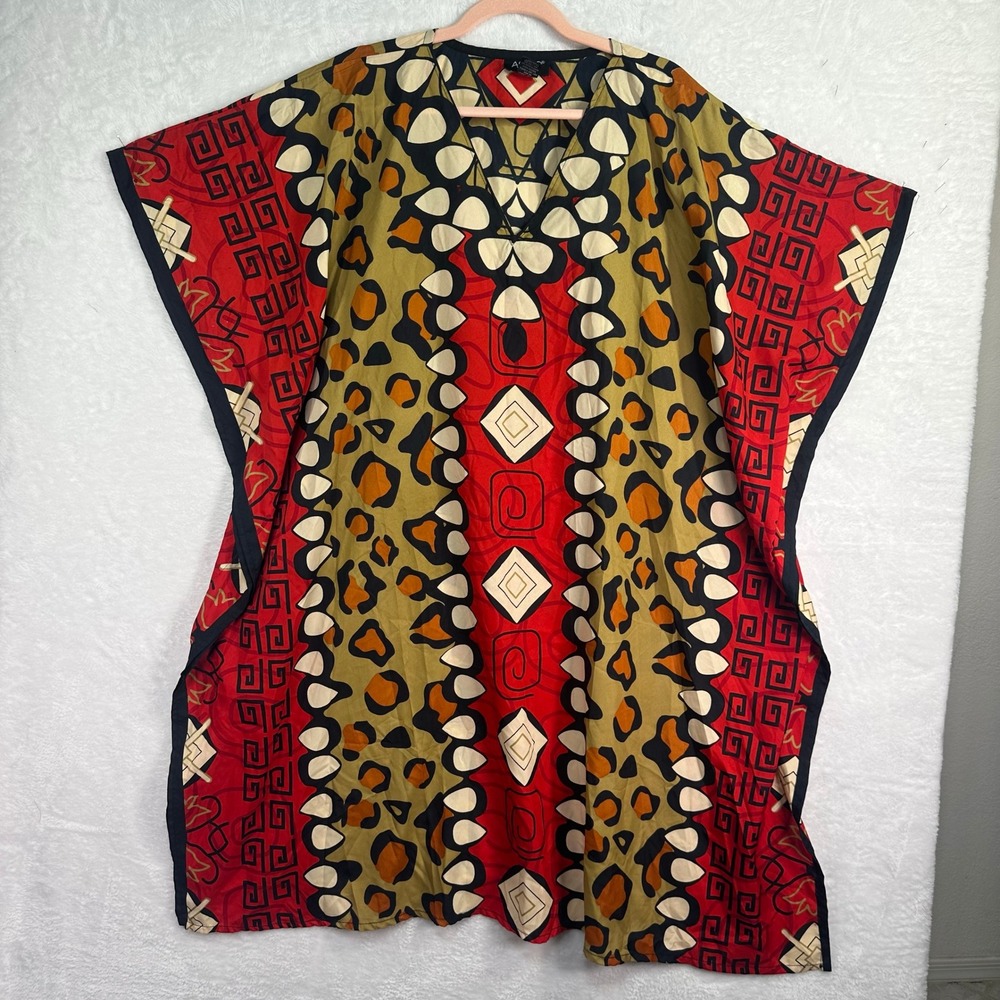 Ashro Caftan Women OSFM Red Mixed Print Leopard Geometric V-Neck Lounge Dress